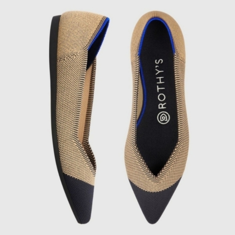 Rothy's The Point Dune Captoe Flats Tan Black Colorblock